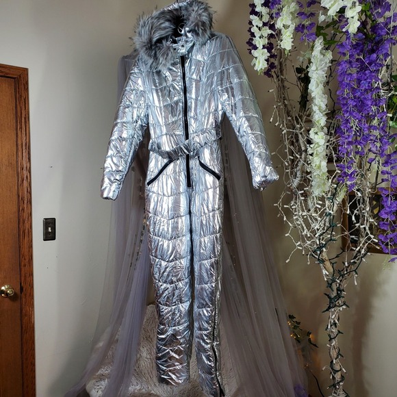 Women's Puffer Waterproof Snow Suit Faux Fur Hood Hood Size M NWOT Zip Legs Belt - Picture 4 of 9